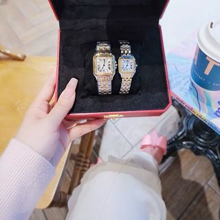 ĐỒNG HỒ NỮ CAO CẤP CATIƠR PANTHERE VUÔNG HAI SIZE MINI DÂY THÉP DEMI MẶT TRẮNG