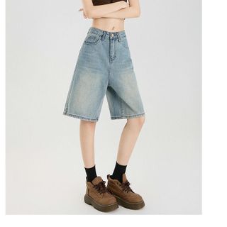 Quần Short Jeans cạp cao màu xanh nhạt dành cho nữ mùa hè 2025. Quần short nhỏ ống rộng dáng suông