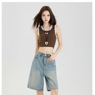 Quần Short Jeans cạp cao màu xanh nhạt dành cho nữ mùa hè 2025. Quần short nhỏ ống rộng dáng suông