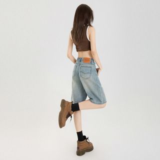 Quần Short Jeans cạp cao màu xanh nhạt dành cho nữ mùa hè 2025. Quần short nhỏ ống rộng dáng suông