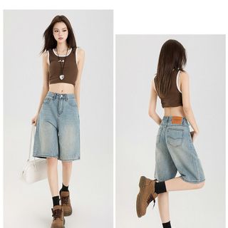 Quần Short Jeans cạp cao màu xanh nhạt dành cho nữ mùa hè 2025. Quần short nhỏ ống rộng dáng suông