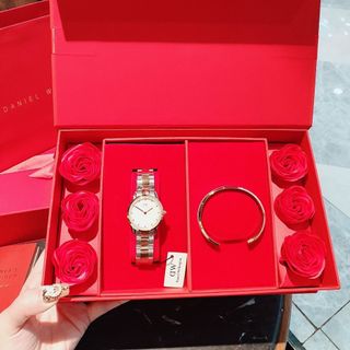 SET DANIEL HỘP ĐỎ HOA HỒNG THÉP ICONIC VÀ CUFF