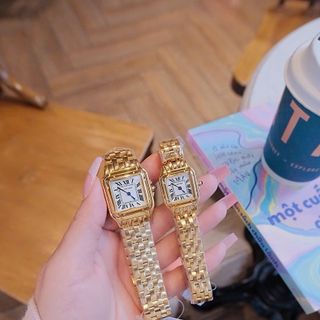 ĐỒNG HỒ NỮ CAO CẤP CATIƠR PANTHERE VUÔNG HAI SIZE MINI DÂY THÉP VÀNG MẶT TRẮNG