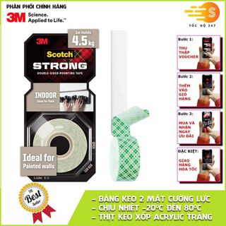 Băng keo siêu dính 2 mặt màu trắng khổ 19mm Scotch 3M SB-BK110 - Cường lực, thẩm mỹ, dán trong nhà, logo, móc treo đồ