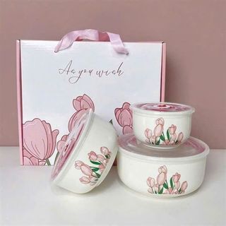 Bộ 3 Bát Sứ Họa Tiết Hoa Hồng Kèm Nắp CC ( Thùng 28B )