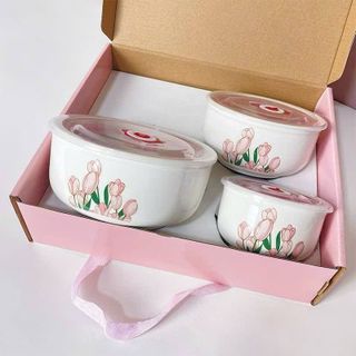 Bộ 3 Bát Sứ Họa Tiết Hoa Hồng Kèm Nắp CC ( Thùng 28B )