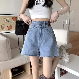 Quần short denim cạp cao cho nữ mùa hè 2025 mới cỡ lớn, rộng rãi, dáng chữ A, ống rộng thoải mái