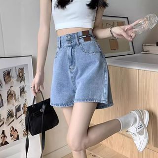 Quần short denim cạp cao cho nữ mùa hè 2025 mới cỡ lớn, rộng rãi, dáng chữ A, ống rộng thoải mái