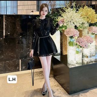 ✨ ĐẦM REN DÀI TAY DÁNG A KÈM ĐAI XÍCH – SANG CHẢNH, TÔN DÁNG, LÊN HÌNH CỰC XINH