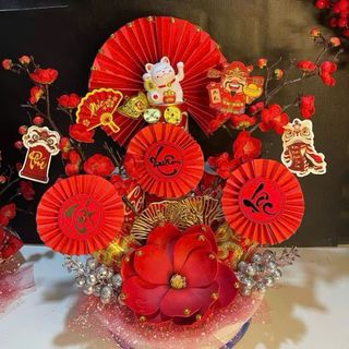 QUẠT XẾP TRÒN DÁN CHỮ ĐỎ (10cm)TRANG TRÍ TẾT