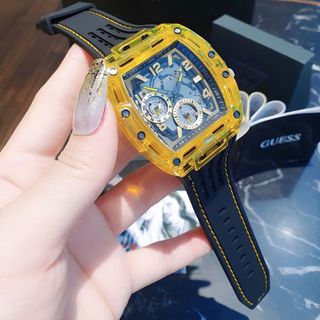 ĐỒNG HỒ NAM NỮ CAO CẤP GUECC VAO SU CHỮ NHẬT NIỀNG NHỰA TRONG SUỐT MÀU VÀNG
