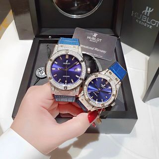 ĐỒNG HỒ COUPLE CAO CẤP HULOT HAI  VIỀN HỘT DÂY DA XANH VÀ XÁM MÁY CƠ