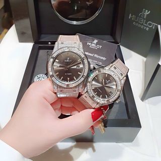 ĐỒNG HỒ COUPLE CAO CẤP HULOT HAI  VIỀN HỘT DÂY DA XANH VÀ XÁM MÁY CƠ