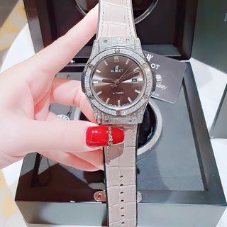 ĐỒNG HỒ COUPLE CAO CẤP HULOT HAI  VIỀN HỘT DÂY DA XANH VÀ XÁM MÁY CƠ