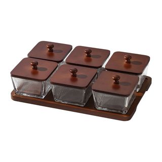 LD TL Khay Mứt Thuỷ Tinh 6 Hũ CN Nắp Gỗ (THÙNG 16B)