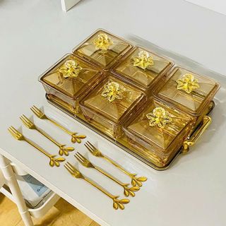 Khay Mứt 6 Hũ Thủy Tinh+ Nắp Nhựa Núm Hoa + Khay Nhựa ( THÙNG 24B )