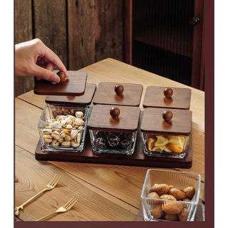 LD TL Khay Mứt Thuỷ Tinh 6 Hũ CN Nắp Gỗ (THÙNG 16B)