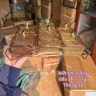 Khay 6 Hũ Mứt Nhựa Vuông Mika Gấu Kèm Khay Kim Loại Vàng (THÙNG 20B)