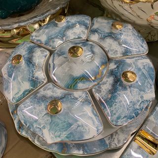 Sứ - Khay Mứt Sứ Tròn Vân Đá Xanh Trắng VSC HD2600 (THÙNG 6C)