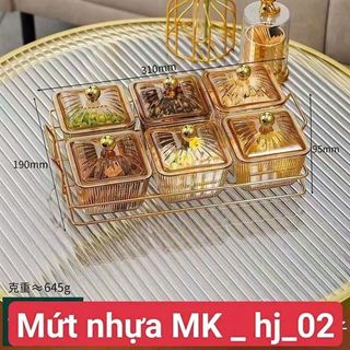 Khay 6 Hũ Mứt Nhựa Mika Kèm Khay Kim Loại Vàng (THÙNG 24B )