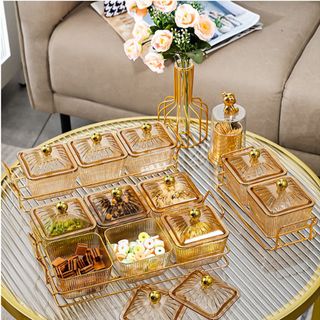 Khay 6 Hũ Mứt Nhựa Mika Kèm Khay Kim Loại Vàng (THÙNG 24B )