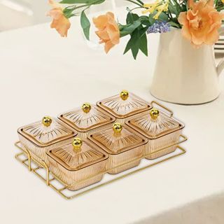 Khay 6 Hũ Mứt Nhựa Mika Kèm Khay Kim Loại Vàng (THÙNG 24B )