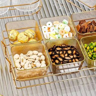 Khay 6 Hũ Mứt Nhựa Mika Kèm Khay Kim Loại Vàng (THÙNG 24B )