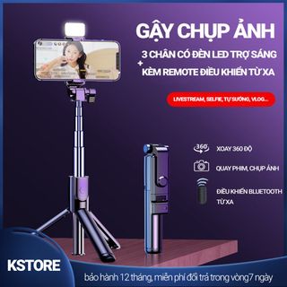 Gậy chụp ảnh 3 chân R1S, có đèn led trợ sáng. Gậy selfie chụp hình, tự sướng, live stream nút bluetooth điều khiển từ xa