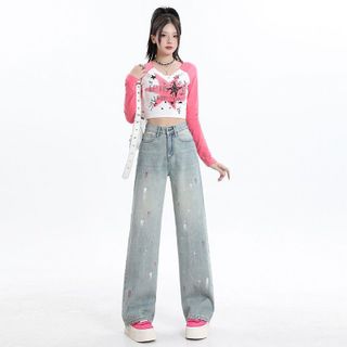 Quần jean xuông lưng cao màu xanh sáng họa tiết in siêu xinh, Quần bò nữ ống rộng họa tiết in hot hit MC JEANS