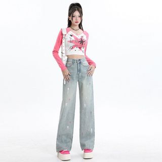 Quần jean xuông lưng cao màu xanh sáng họa tiết in siêu xinh, Quần bò nữ ống rộng họa tiết in hot hit MC JEANS