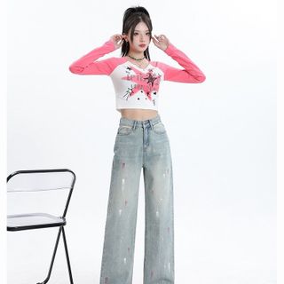 Quần jean xuông lưng cao màu xanh sáng họa tiết in siêu xinh, Quần bò nữ ống rộng họa tiết in hot hit MC JEANS