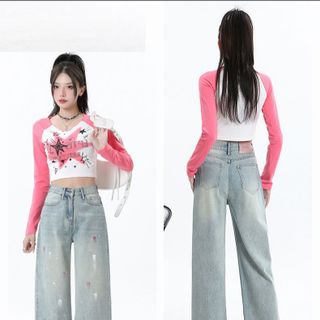 Quần jean xuông lưng cao màu xanh sáng họa tiết in siêu xinh, Quần bò nữ ống rộng họa tiết in hot hit MC JEANS