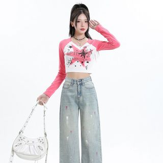 Quần jean xuông lưng cao màu xanh sáng họa tiết in siêu xinh, Quần bò nữ ống rộng họa tiết in hot hit MC JEANS