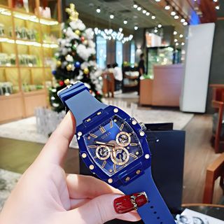 ĐỒNG HỒ NAM NỮ CAO CẤP GUECC MẶT CHỮ NHẬT NIỀNG NHỰA XANH SÁU KIM