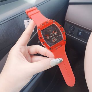 ĐỒNG HỒ NAM NỮ CAO CẤP GUECC MẶT CN CHONOGRAP NIỀNG NHỰA ĐỎ FULLBOX