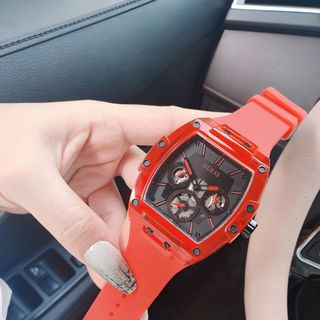 ĐỒNG HỒ NAM NỮ CAO CẤP GUECC MẶT CN CHONOGRAP NIỀNG NHỰA ĐỎ FULLBOX