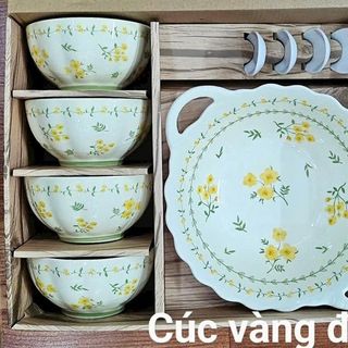 Bộ 9 Chi Tiết Bát, Tô 2 Tai, Thìa Cúc Vàng (THÙNG 20B)
