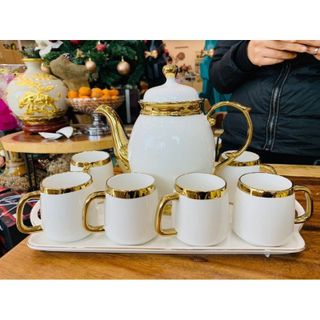 Bộ ấm chén sứ kèm khay cao cấp phong cách Bắc Âu hiện đại..