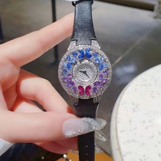 ĐỒNG HỒ NỮ SIÊU CẤP GRAF MẶT FULL PHA LÊ BƯỚM NHÂN TẠO  DÂY DA ĐEN