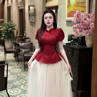 “Chính Chủ” Set Gấm Sườn Xám Cổ Tàu Váy Maxi Dài #Lyn