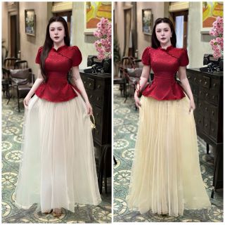 “Chính Chủ” Set Gấm Sườn Xám Cổ Tàu Váy Maxi Dài #Lyn