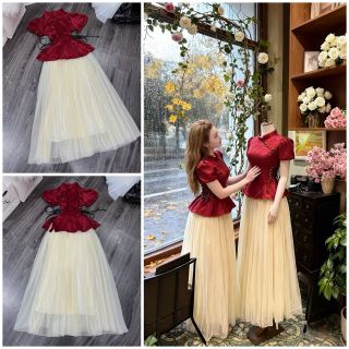 “Chính Chủ” Set Gấm Sườn Xám Cổ Tàu Váy Maxi Dài #Lyn