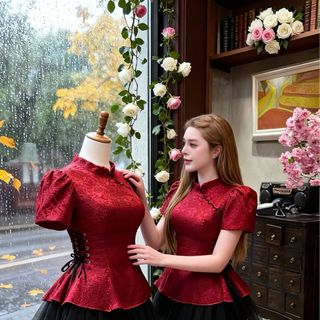 Set Gấm Đan Eo Ngắn Váy Lưới Xoè 2Tone Tay Bồng