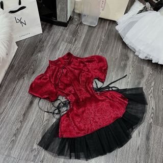 Set Gấm Đan Eo Sườn Xám Cổ Tàu Váy Lưới Xoè 2Tone Tay Bồng