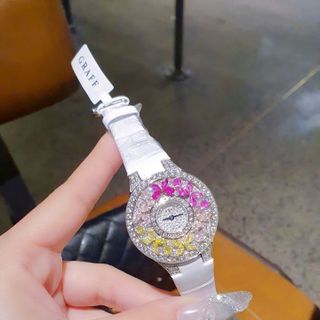 ĐỒNG HỒ NỮ SIÊU CẤP GRAF MẶT FULL PHA LÊ BƯỚM NHÂN TẠO  DÂY DA TRẮNG