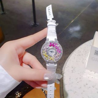 ĐỒNG HỒ NỮ SIÊU CẤP GRAF MẶT FULL PHA LÊ BƯỚM NHÂN TẠO  DÂY DA TRẮNG