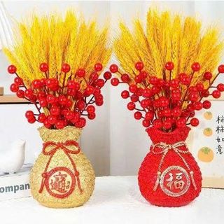 SET BÌNH HOA TÚI TIỀN KÈM CÀNH ĐÀO, BÔNG LÚA