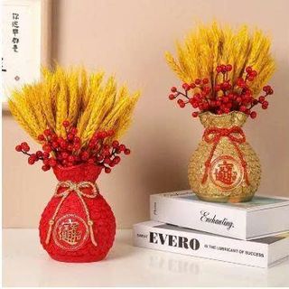 SET BÌNH HOA TÚI TIỀN KÈM CÀNH ĐÀO, BÔNG LÚA