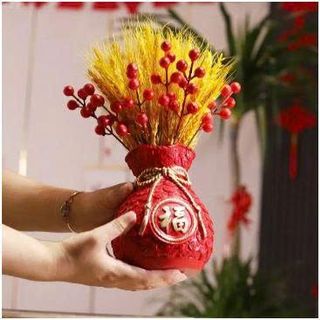 SET BÌNH HOA TÚI TIỀN KÈM CÀNH ĐÀO, BÔNG LÚA