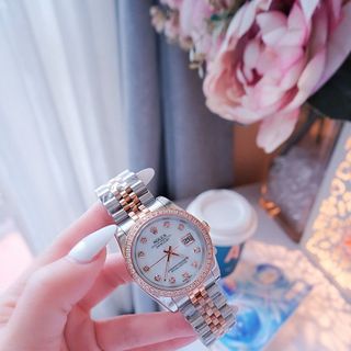 ĐỒNG HỒ NAM NỮ CAO CẤP RÔLET DÂY THÉP DEMI HỒNG KÍNH SAPHIRE VIỀN HỘT